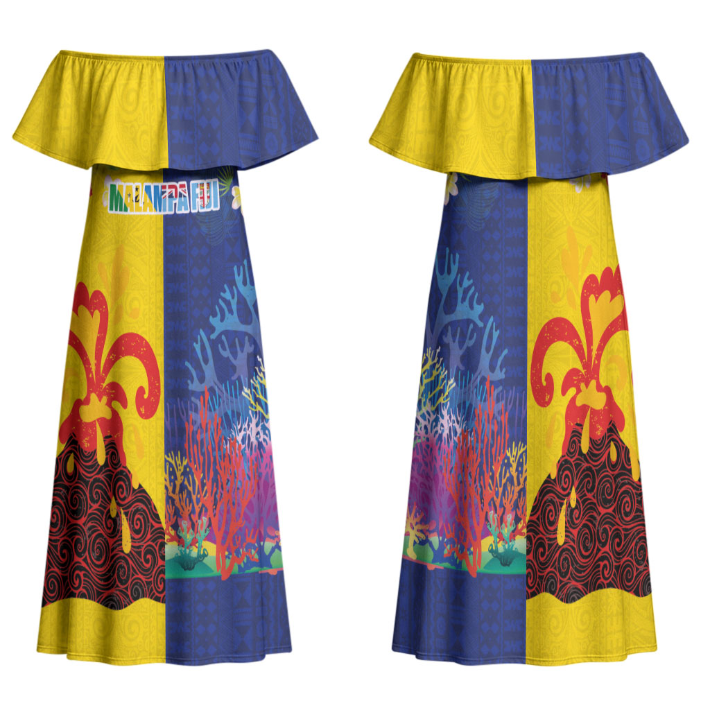 Malampa Fiji Day Family Matching Off Shoulder Maxi Dress and Hawaiian Shirt Volcano and Coral Reef with Culture Patterns Split Style LT03 Mom's Dress Multicolor - Polynesian Pride