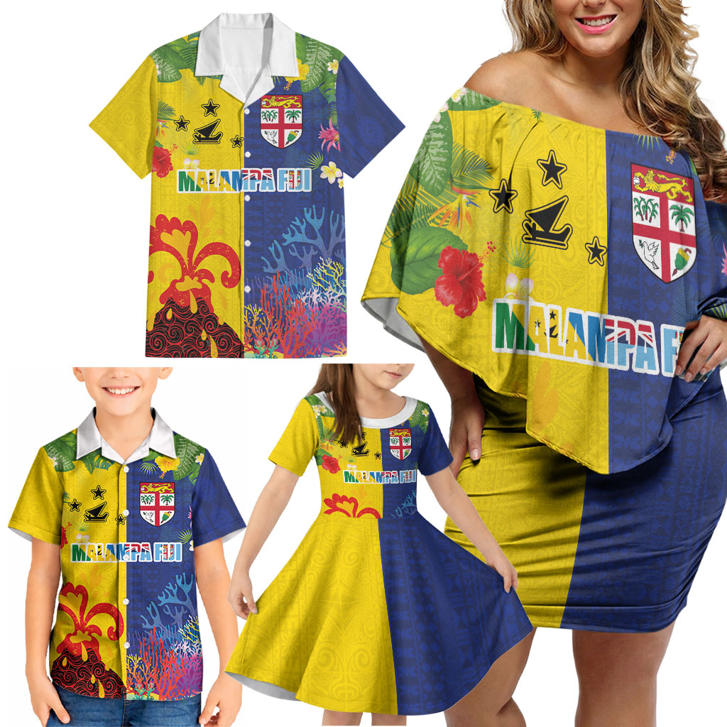 Malampa Fiji Day Family Matching Off Shoulder Short Dress and Hawaiian Shirt Volcano and Coral Reef with Culture Patterns Split Style