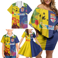 Malampa Fiji Day Family Matching Off Shoulder Short Dress and Hawaiian Shirt Volcano and Coral Reef with Culture Patterns Split Style LT03 - Polynesian Pride