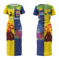 Malampa Fiji Day Family Matching Short Sleeve Bodycon Dress and Hawaiian Shirt Volcano and Coral Reef with Culture Patterns Split Style LT03 Mom's Dress Multicolor - Polynesian Pride