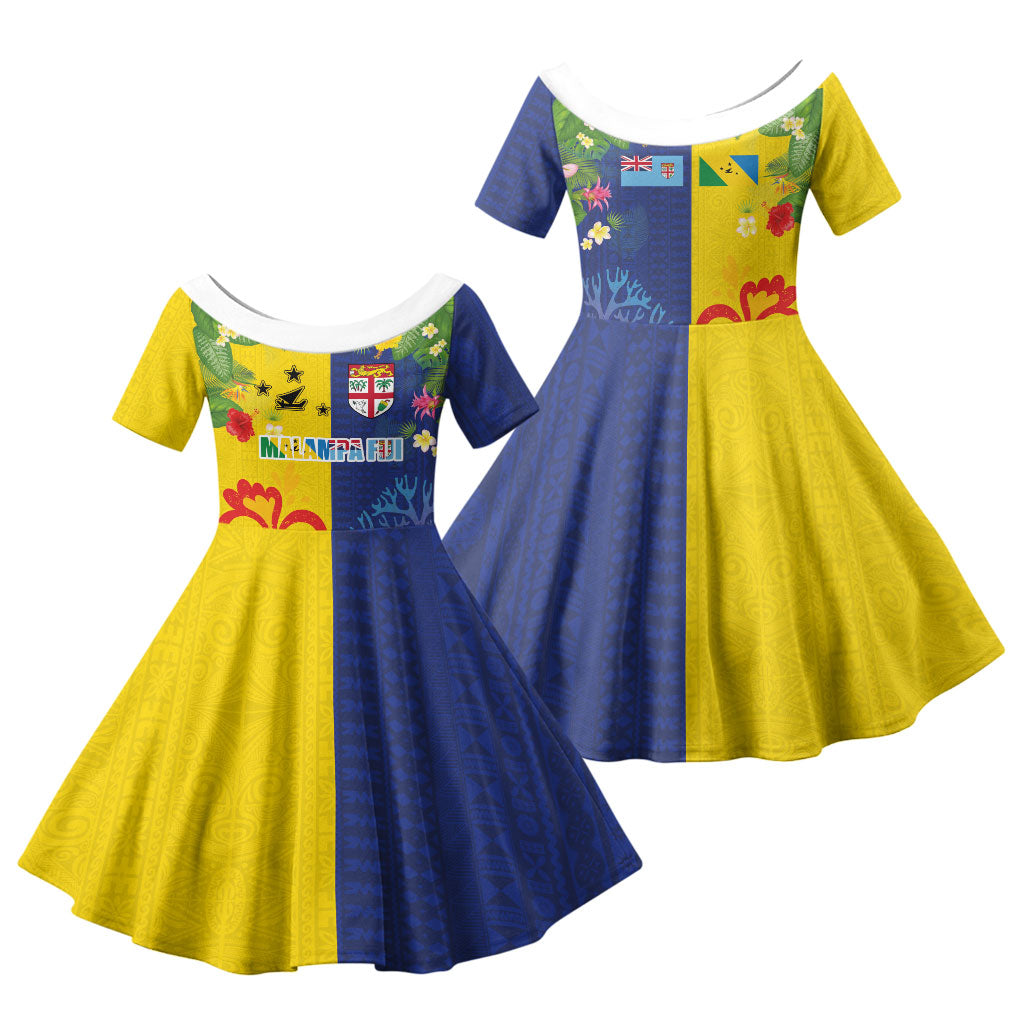 Malampa Fiji Day Family Matching Short Sleeve Bodycon Dress and Hawaiian Shirt Volcano and Coral Reef with Culture Patterns Split Style LT03 Daughter's Dress Multicolor - Polynesian Pride