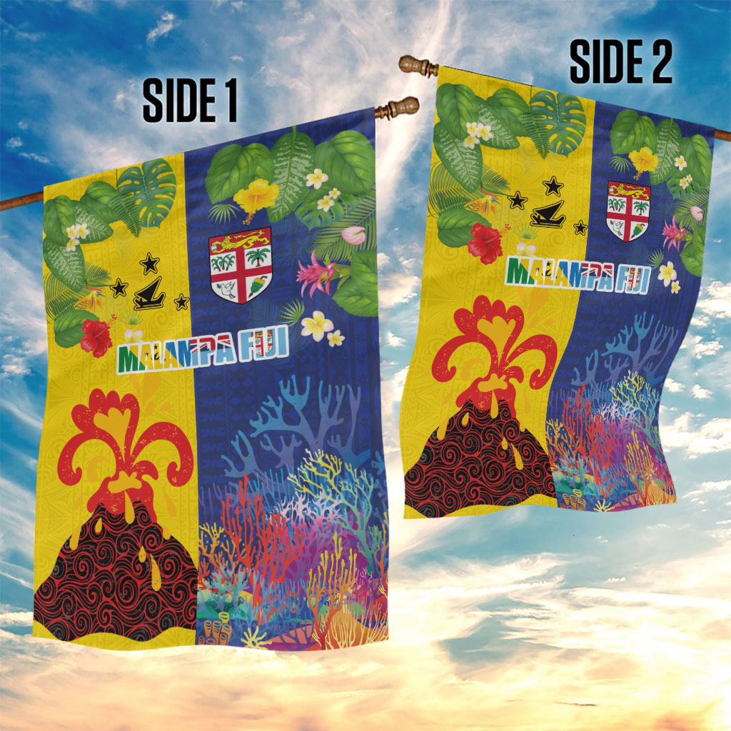 Malampa Fiji Day Garden Flag Volcano and Coral Reef with Culture Patterns Split Style LT03 - Polynesian Pride