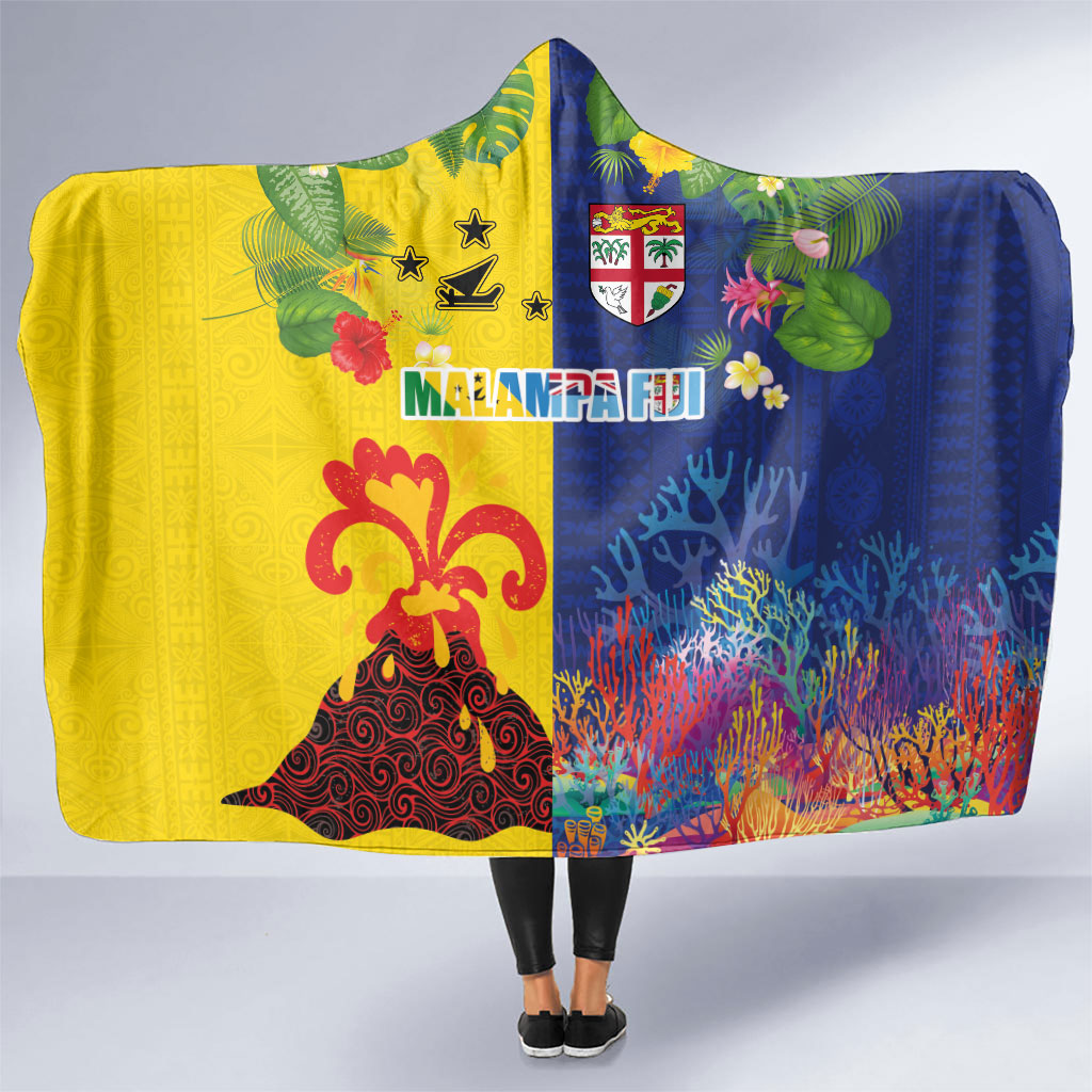 Malampa Fiji Day Hooded Blanket Volcano and Coral Reef with Culture Patterns Split Style LT03 One Size Multicolor - Polynesian Pride