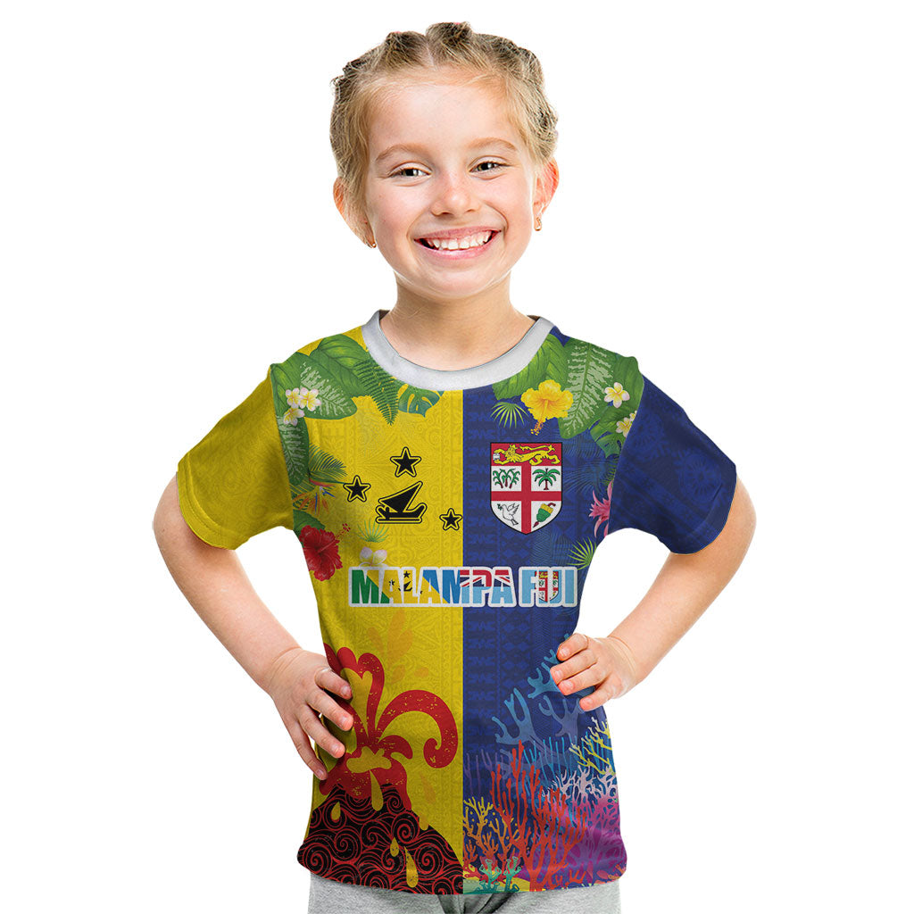 Malampa Fiji Day Kid T Shirt Volcano and Coral Reef with Culture Patterns Split Style LT03 Multicolor - Polynesian Pride