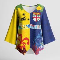 Malampa Fiji Day Kimono Sleeve Blouse Volcano and Coral Reef with Culture Patterns Split Style LT03 Female Multicolor - Polynesian Pride