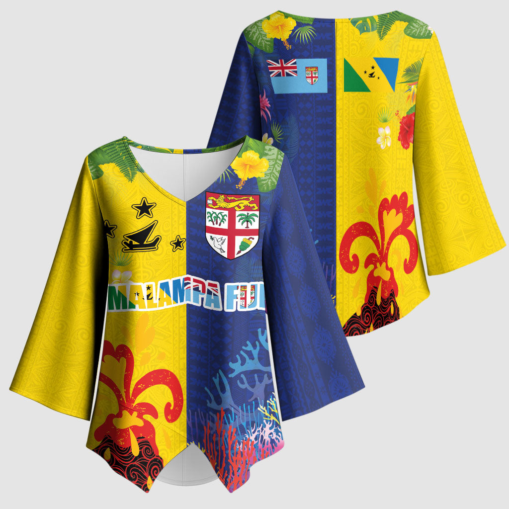 Malampa Fiji Day Kimono Sleeve Blouse Volcano and Coral Reef with Culture Patterns Split Style LT03 - Polynesian Pride