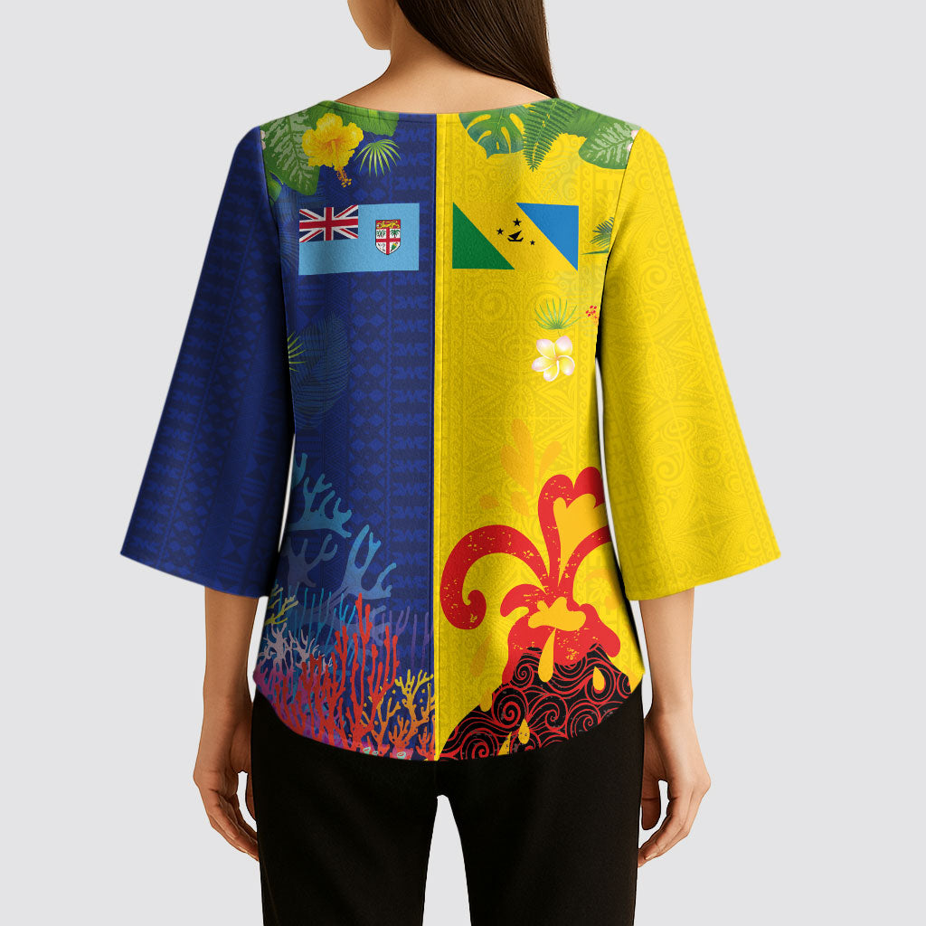 Malampa Fiji Day Kimono Sleeve Blouse Volcano and Coral Reef with Culture Patterns Split Style LT03 - Polynesian Pride