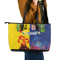 Malampa Fiji Day Leather Tote Bag Volcano and Coral Reef with Culture Patterns Split Style LT03 - Polynesian Pride