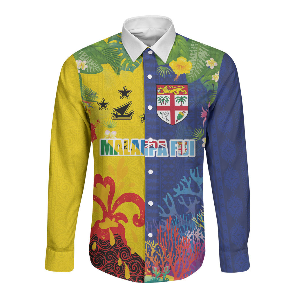 Malampa Fiji Day Long Sleeve Button Shirt Volcano and Coral Reef with Culture Patterns Split Style LT03 Unisex Multicolor - Polynesian Pride