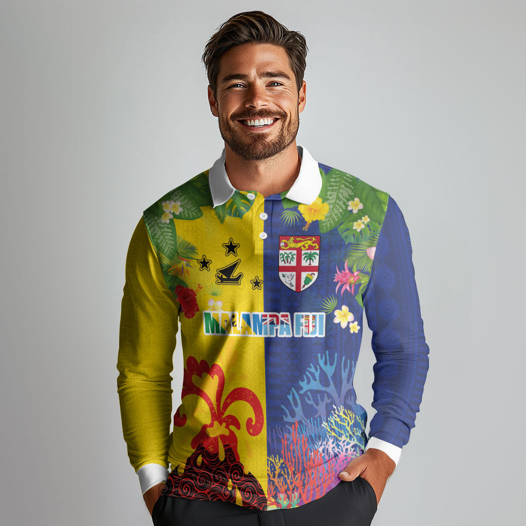 Malampa Fiji Day Long Sleeve Polo Shirt Volcano and Coral Reef with Culture Patterns Split Style LT03 - Polynesian Pride