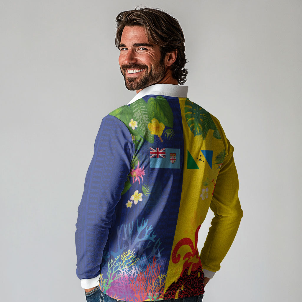 Malampa Fiji Day Long Sleeve Polo Shirt Volcano and Coral Reef with Culture Patterns Split Style LT03 - Polynesian Pride