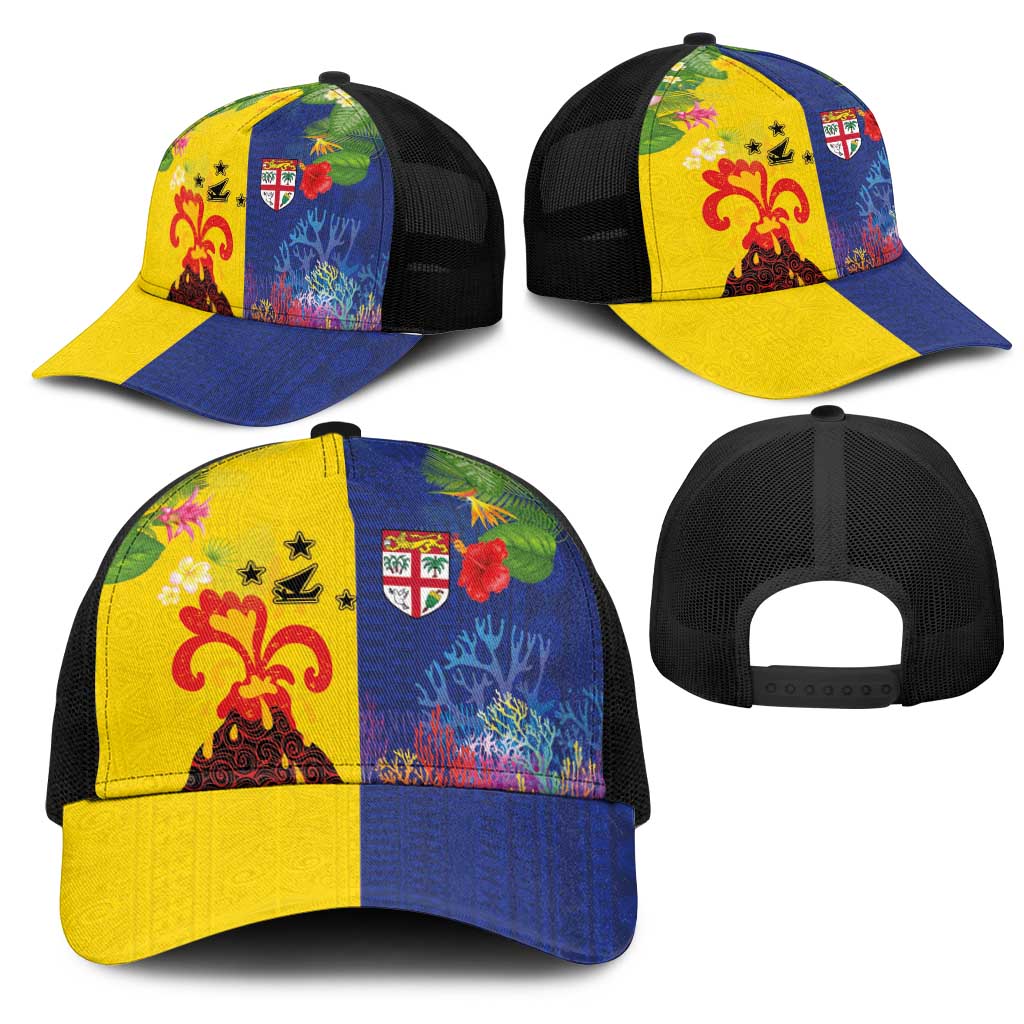 Malampa Fiji Day Mesh Trucker Cap Volcano and Coral Reef with Culture Patterns Split Style LT03 - Polynesian Pride
