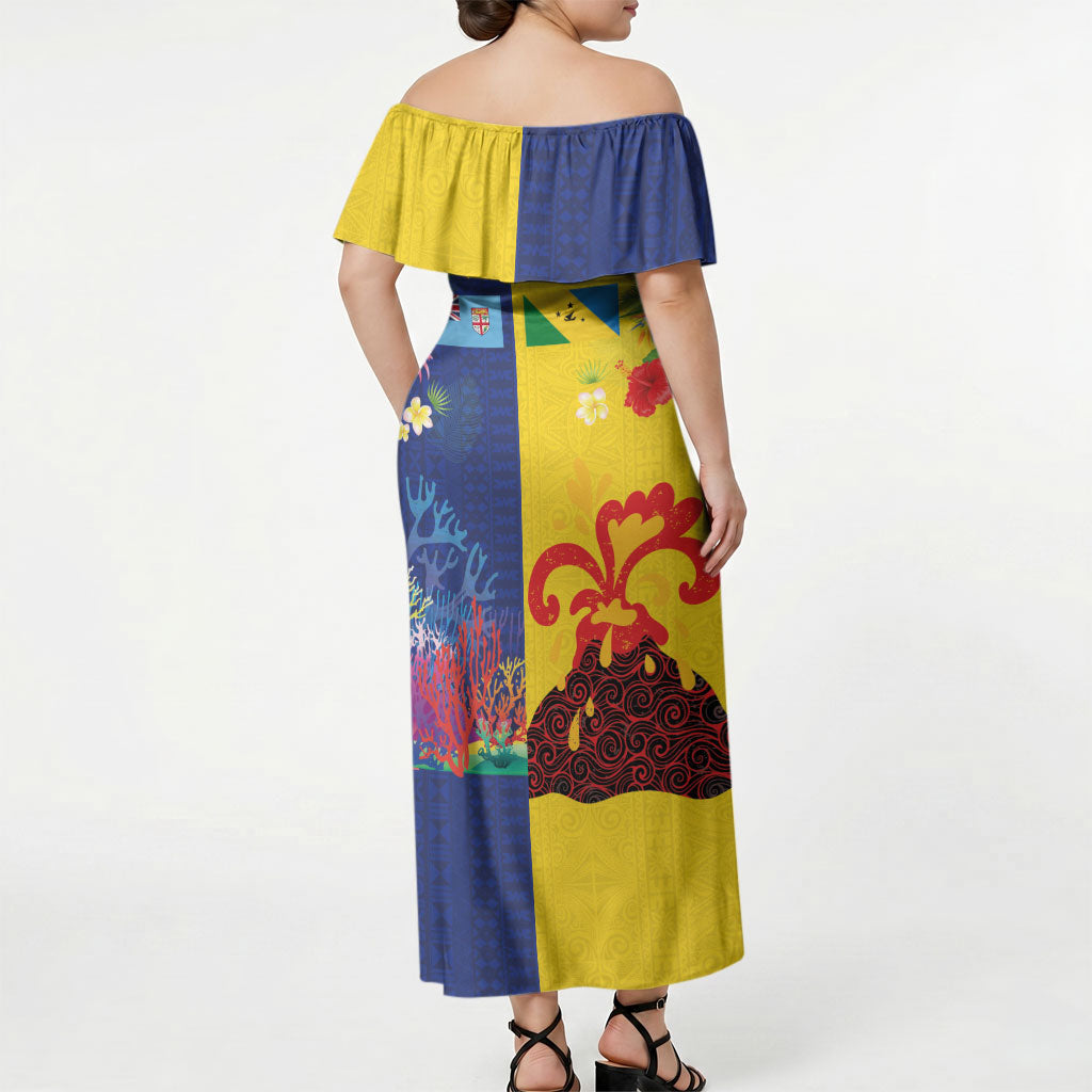 Malampa Fiji Day Off Shoulder Maxi Dress Volcano and Coral Reef with Culture Patterns Split Style LT03 - Polynesian Pride