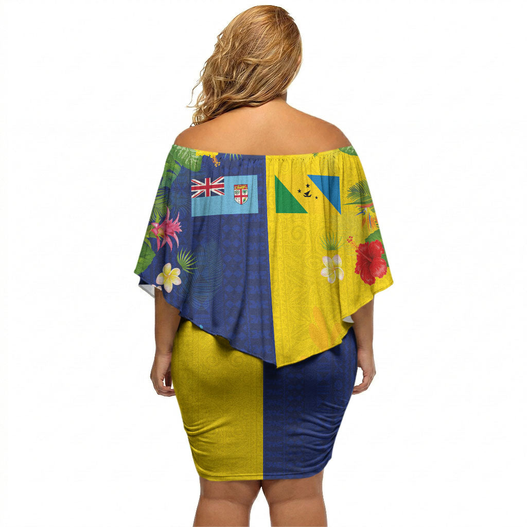 Malampa Fiji Day Off Shoulder Short Dress Volcano and Coral Reef with Culture Patterns Split Style LT03 - Polynesian Pride
