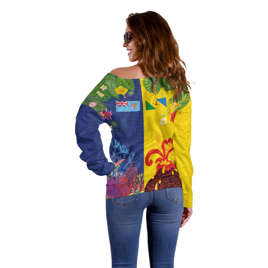 Malampa Fiji Day Off Shoulder Sweater Volcano and Coral Reef with Culture Patterns Split Style LT03 - Polynesian Pride