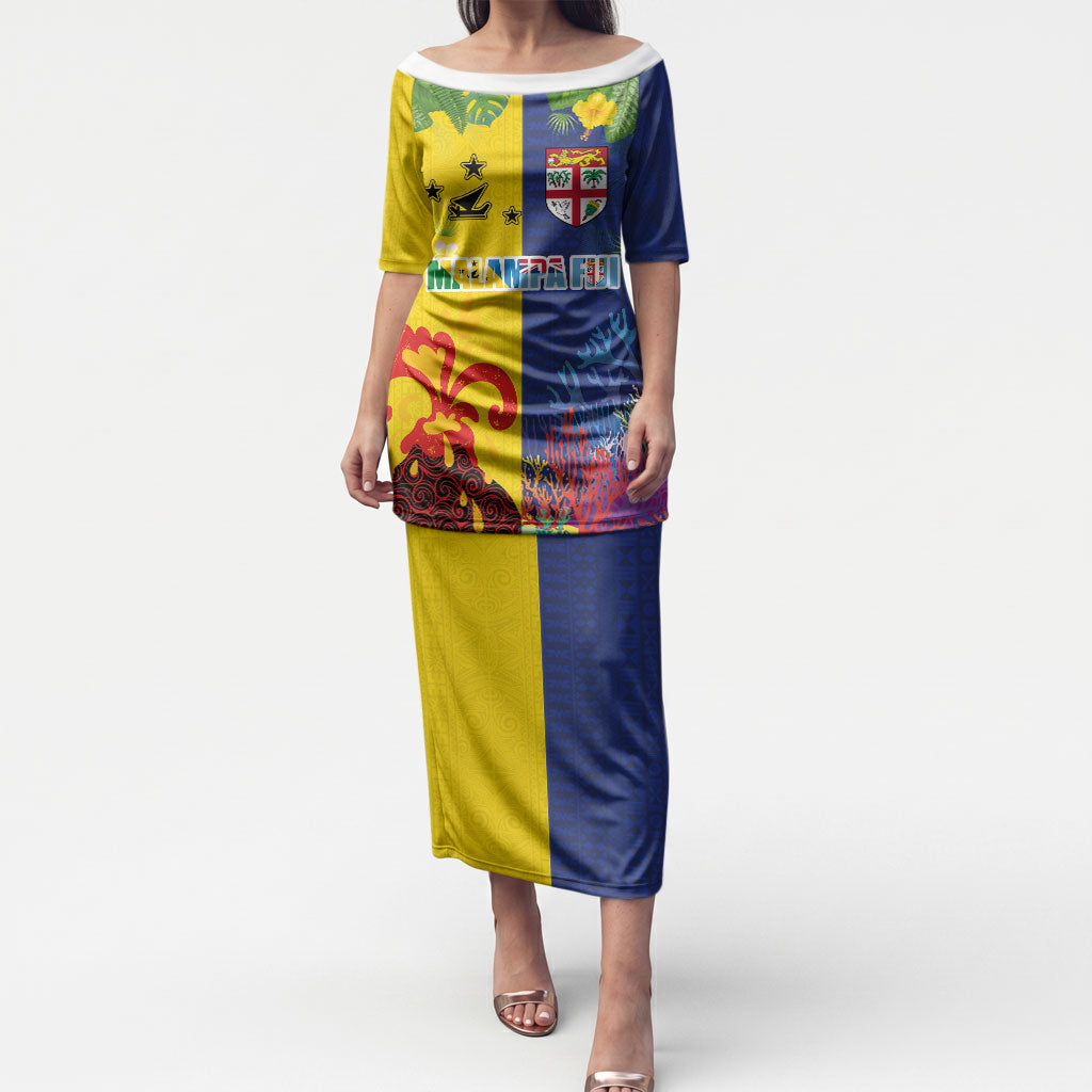 Malampa Fiji Day Puletasi Volcano and Coral Reef with Culture Patterns Split Style LT03 Long Dress Multicolor - Polynesian Pride