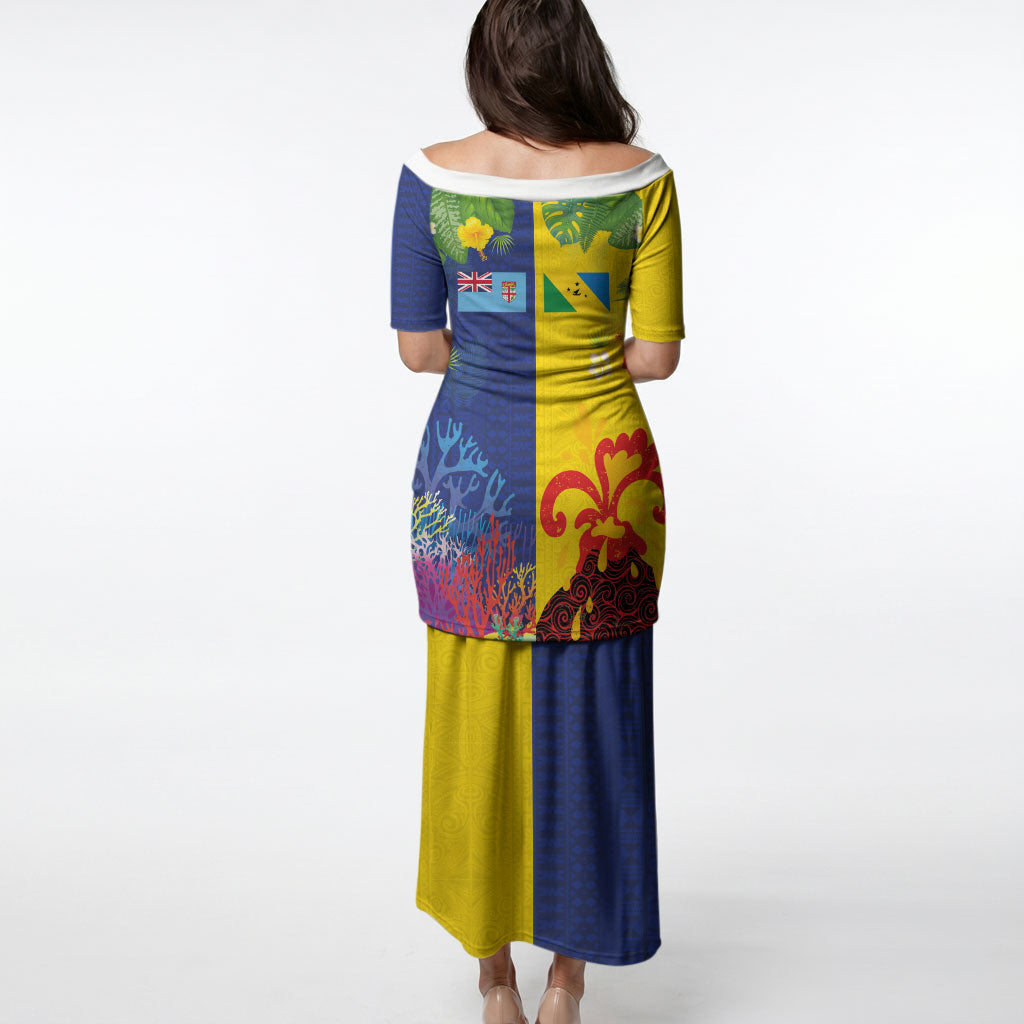 Malampa Fiji Day Puletasi Volcano and Coral Reef with Culture Patterns Split Style LT03 - Polynesian Pride