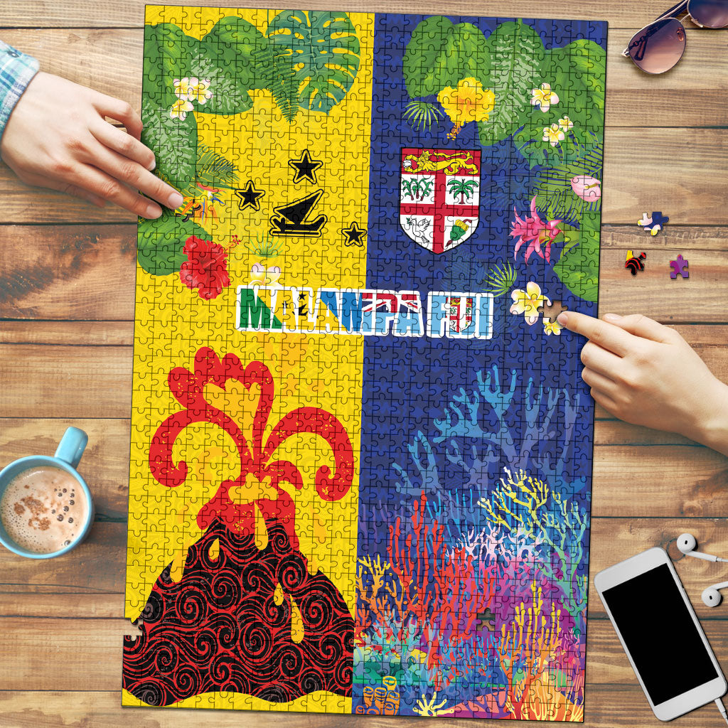 Malampa Fiji Day Puzzle Volcano and Coral Reef with Culture Patterns Split Style LT03 Multicolor - Polynesian Pride