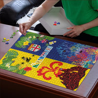 Malampa Fiji Day Puzzle Volcano and Coral Reef with Culture Patterns Split Style LT03 - Polynesian Pride
