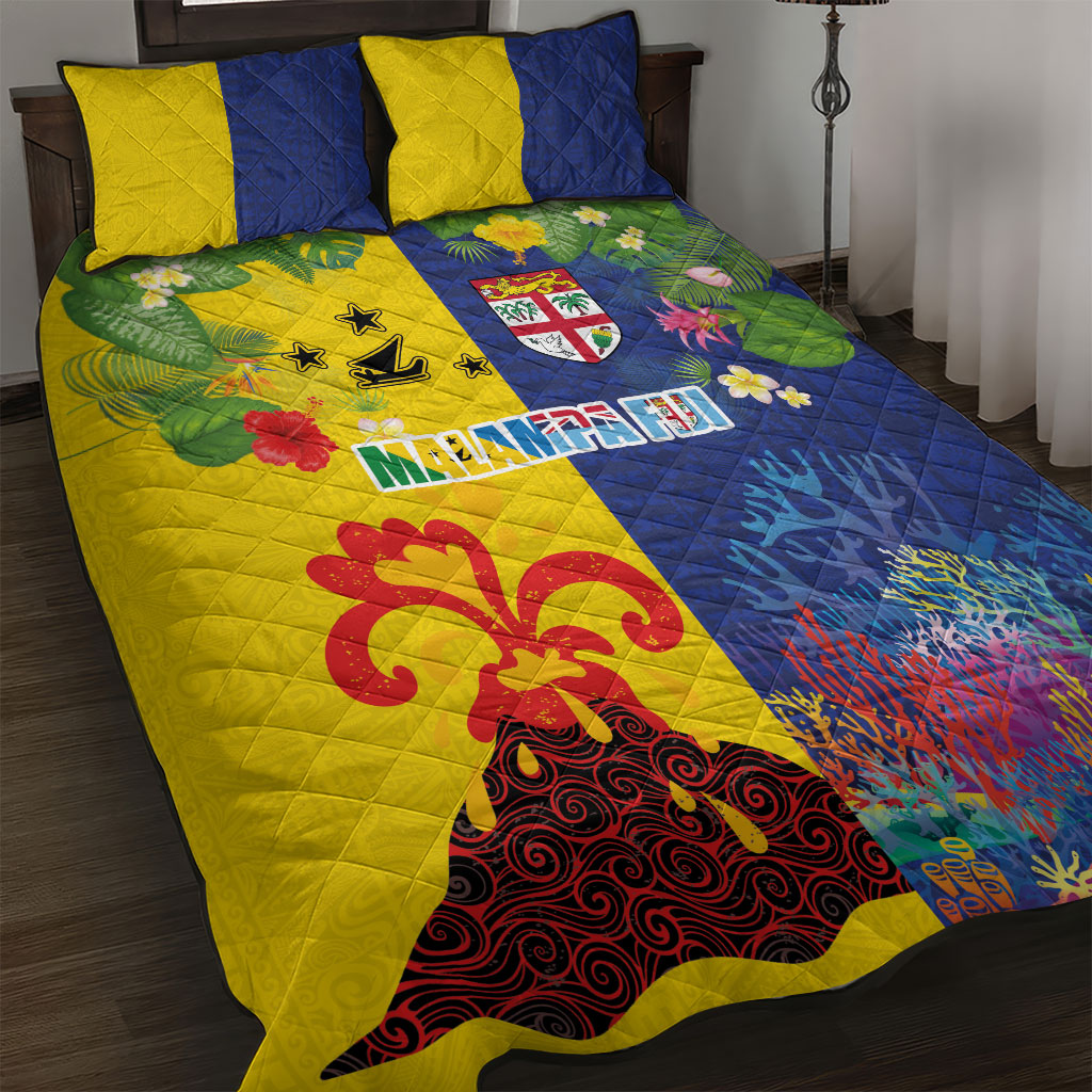 Malampa Fiji Day Quilt Bed Set Volcano and Coral Reef with Culture Patterns Split Style LT03 Multicolor - Polynesian Pride
