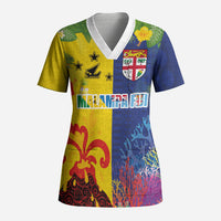 Malampa Fiji Day Scrub Top Volcano and Coral Reef with Culture Patterns Split Style LT03 Adult Multicolor - Polynesian Pride