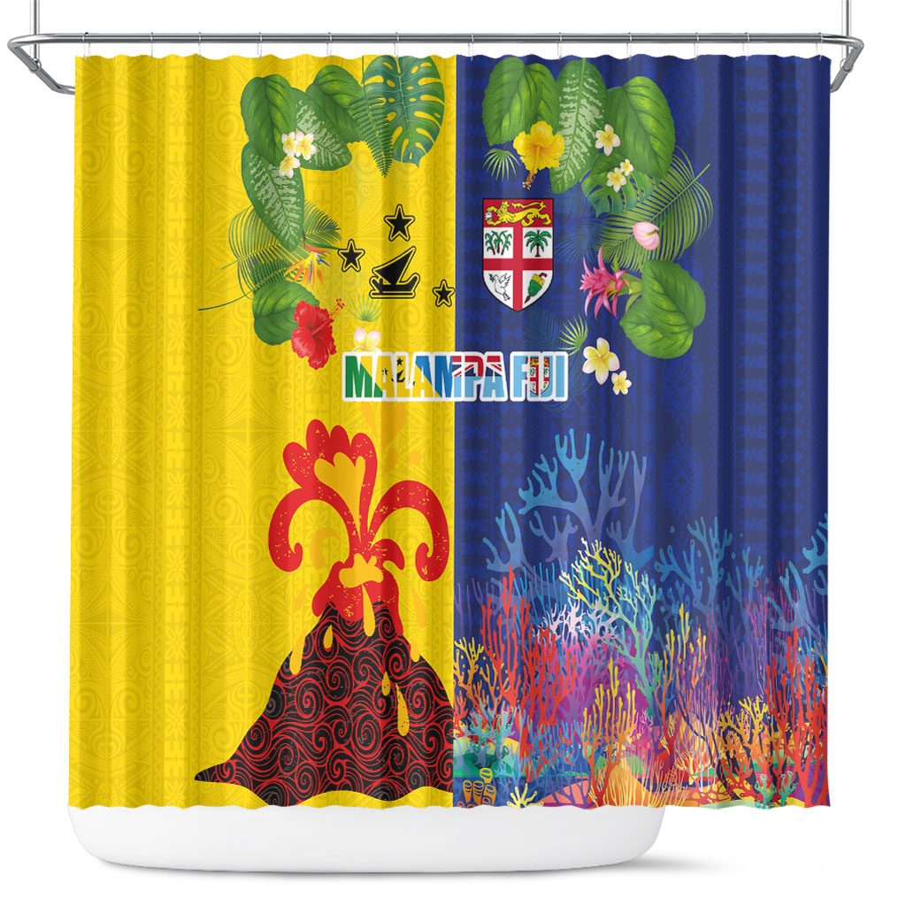 Malampa Fiji Day Shower Curtain Volcano and Coral Reef with Culture Patterns Split Style LT03 Multicolor - Polynesian Pride