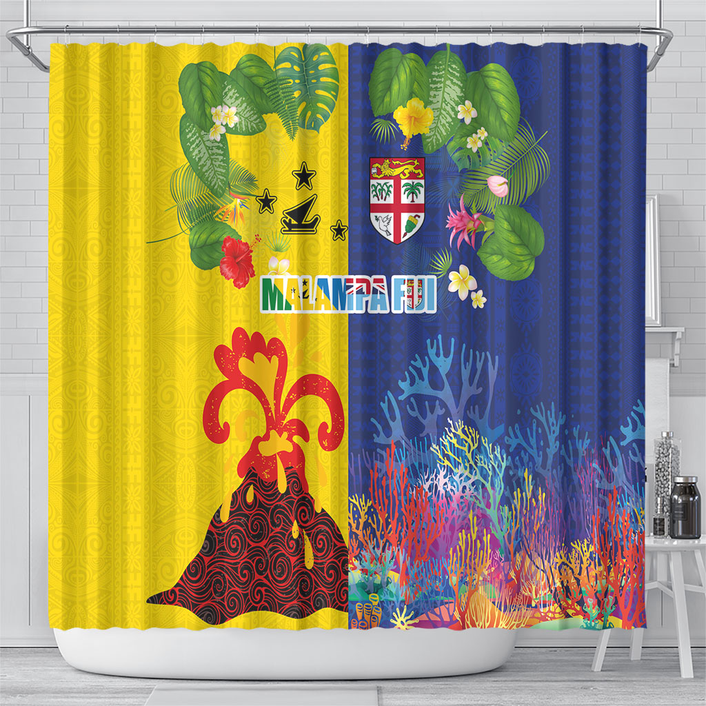 Malampa Fiji Day Shower Curtain Volcano and Coral Reef with Culture Patterns Split Style LT03 - Polynesian Pride