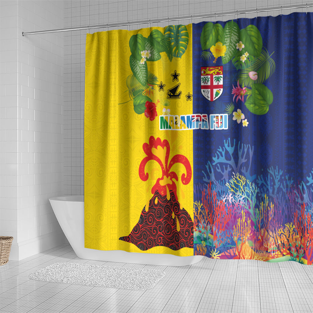 Malampa Fiji Day Shower Curtain Volcano and Coral Reef with Culture Patterns Split Style LT03 - Polynesian Pride