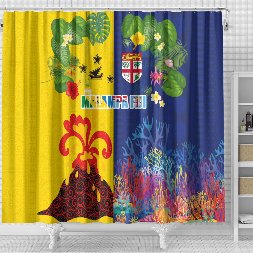 Malampa Fiji Day Shower Curtain Volcano and Coral Reef with Culture Patterns Split Style LT03 - Polynesian Pride