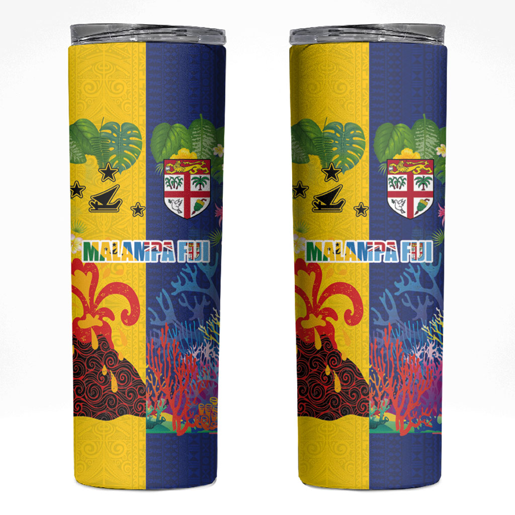 Malampa Fiji Day Skinny Tumbler Volcano and Coral Reef with Culture Patterns Split Style LT03 Multicolor - Polynesian Pride