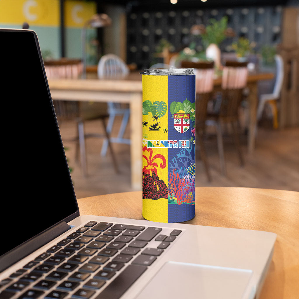 Malampa Fiji Day Skinny Tumbler Volcano and Coral Reef with Culture Patterns Split Style LT03 - Polynesian Pride