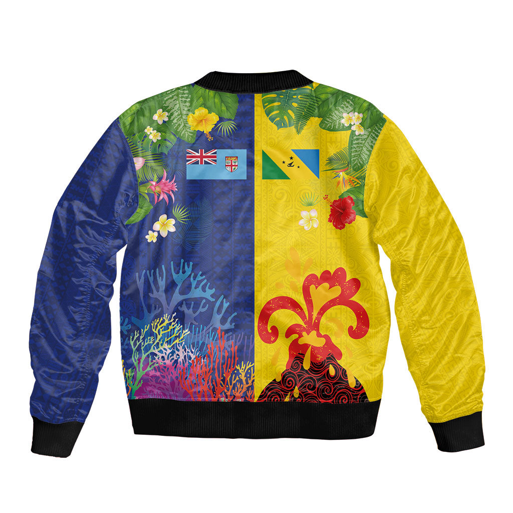Malampa Fiji Day Sleeve Zip Bomber Jacket Volcano and Coral Reef with Culture Patterns Split Style LT03 - Polynesian Pride