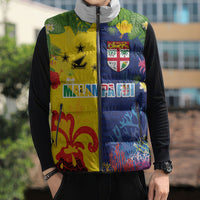 Malampa Fiji Day Sleeveless Puffer Jacket Volcano and Coral Reef with Culture Patterns Split Style LT03 - Polynesian Pride