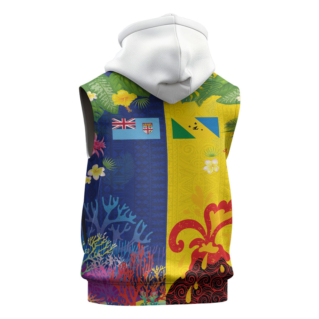 Malampa Fiji Day Sleeveless Zip Hoodie Volcano and Coral Reef with Culture Patterns Split Style LT03 - Polynesian Pride