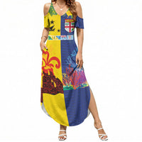 Malampa Fiji Day Summer Maxi Dress Volcano and Coral Reef with Culture Patterns Split Style LT03 Women Multicolor - Polynesian Pride