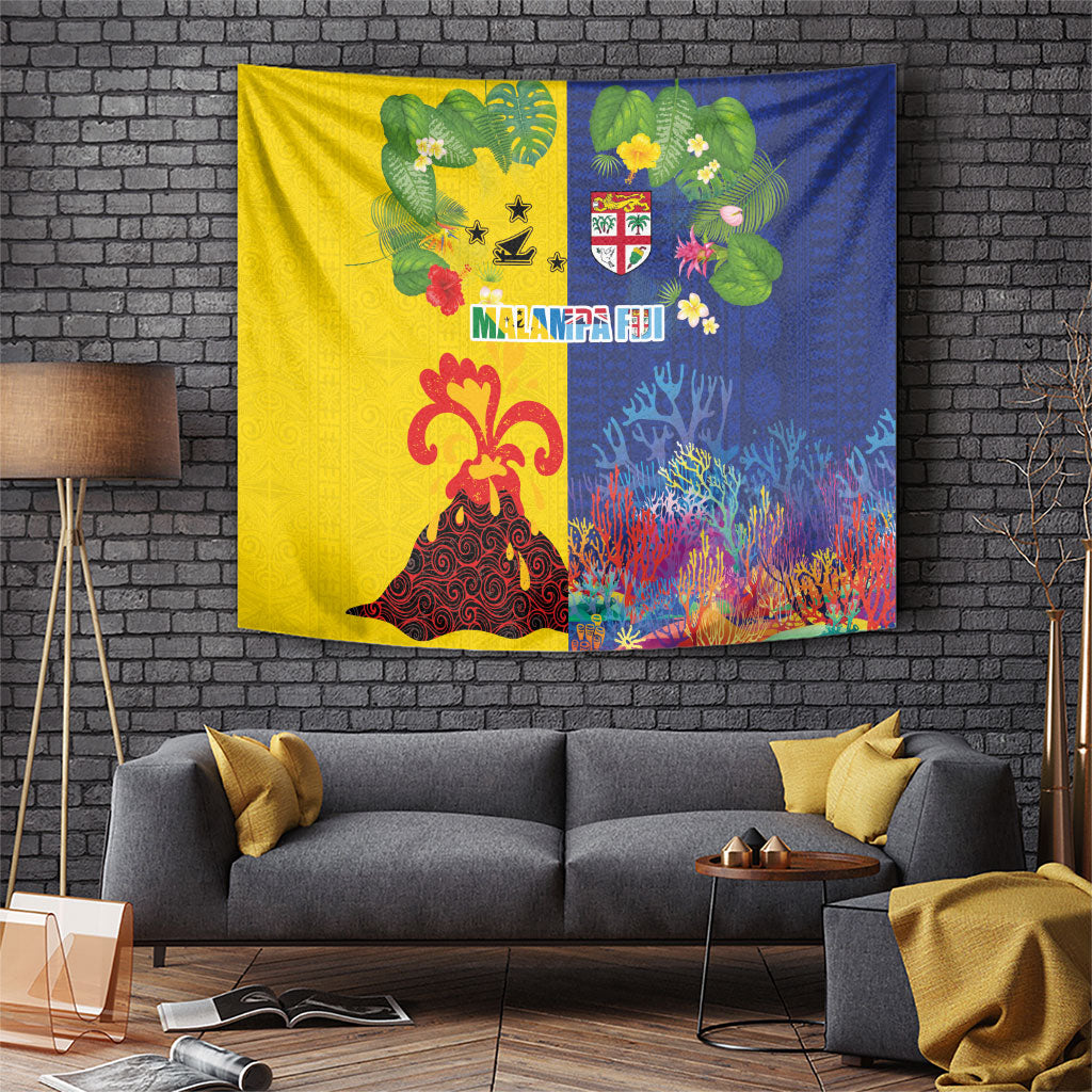 Malampa Fiji Day Tapestry Volcano and Coral Reef with Culture Patterns Split Style LT03 Multicolor - Polynesian Pride
