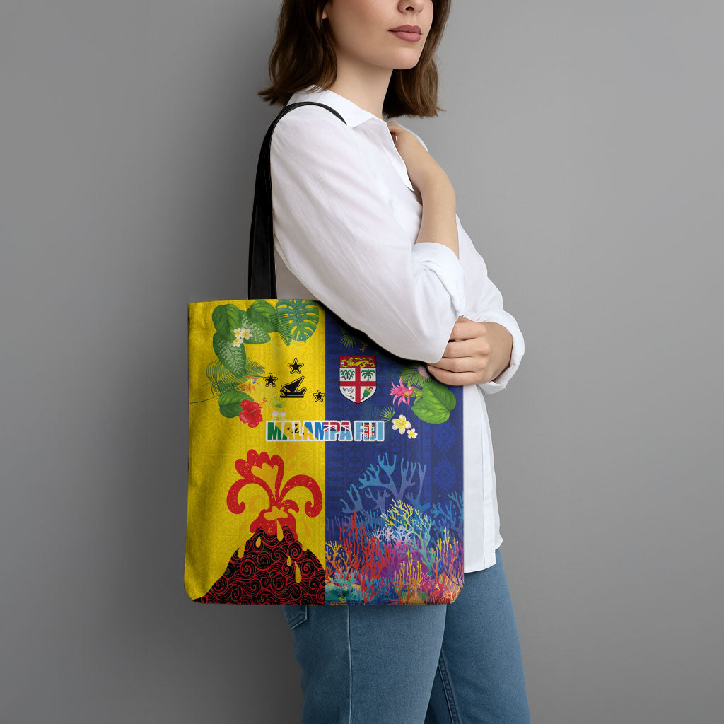 Malampa Fiji Day Tote Bag Volcano and Coral Reef with Culture Patterns Split Style LT03 - Polynesian Pride