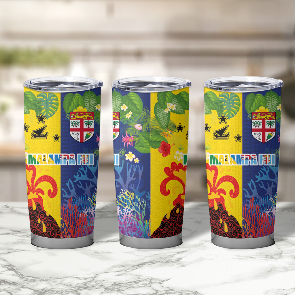 Malampa Fiji Day Tumbler Cup Volcano and Coral Reef with Culture Patterns Split Style LT03 - Polynesian Pride
