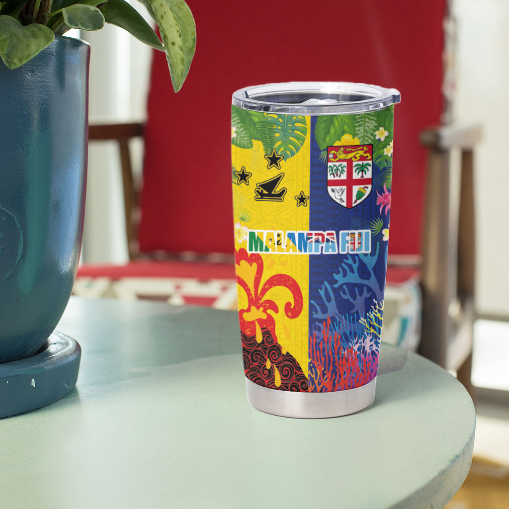Malampa Fiji Day Tumbler Cup Volcano and Coral Reef with Culture Patterns Split Style LT03 - Polynesian Pride