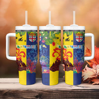 Malampa Fiji Day Tumbler With Handle Volcano and Coral Reef with Culture Patterns Split Style LT03 - Polynesian Pride