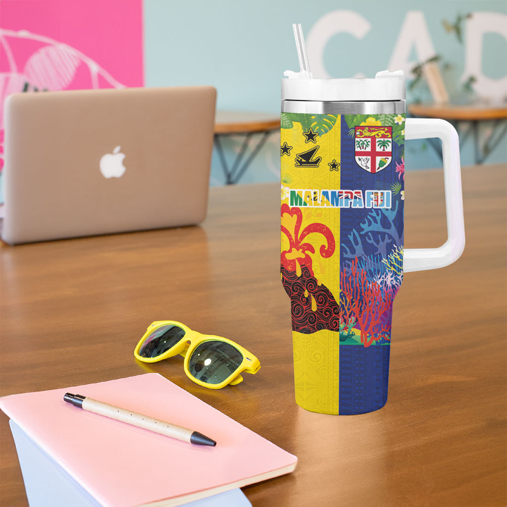 Malampa Fiji Day Tumbler With Handle Volcano and Coral Reef with Culture Patterns Split Style LT03 - Polynesian Pride