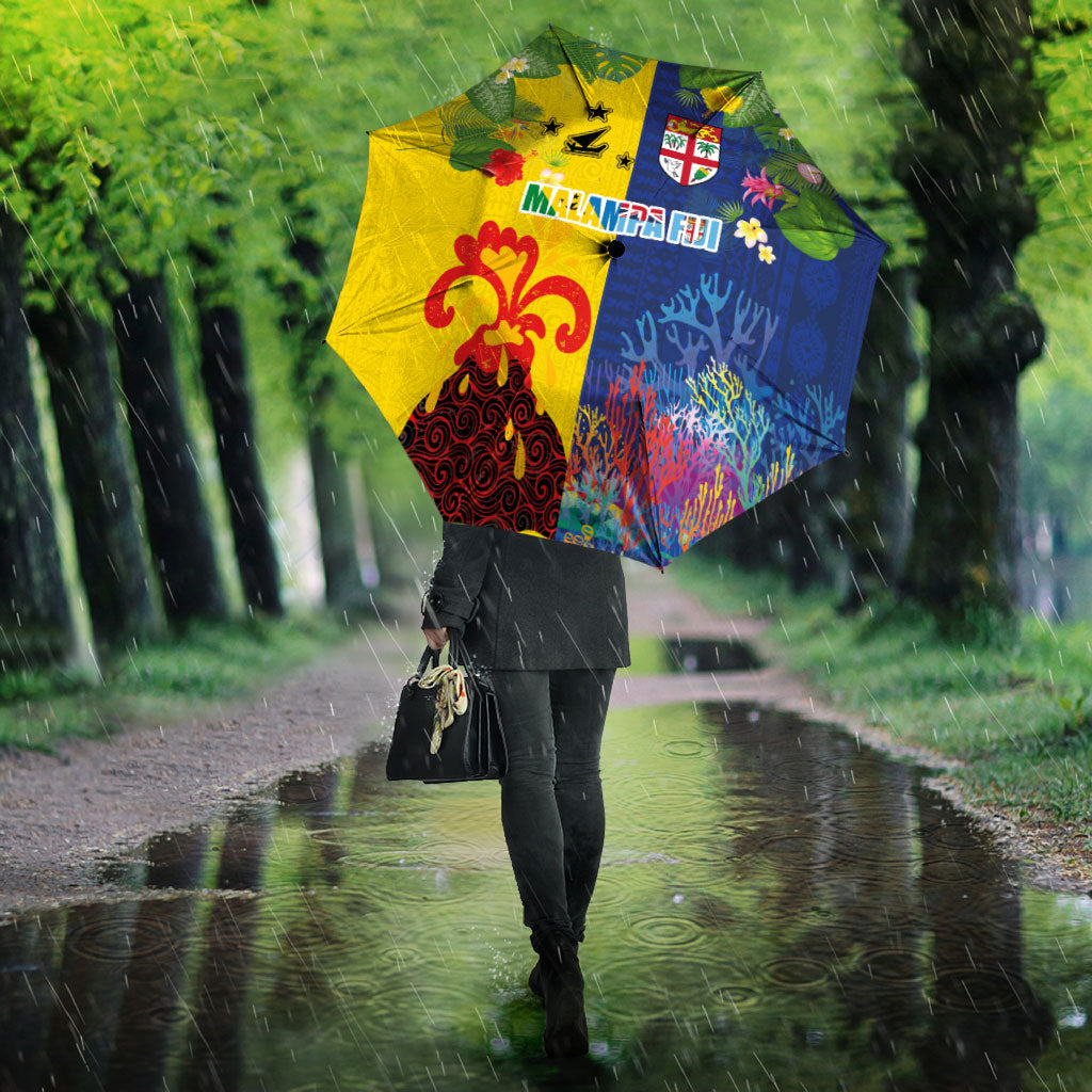 Malampa Fiji Day Umbrella Volcano and Coral Reef with Culture Patterns Split Style LT03 - Polynesian Pride
