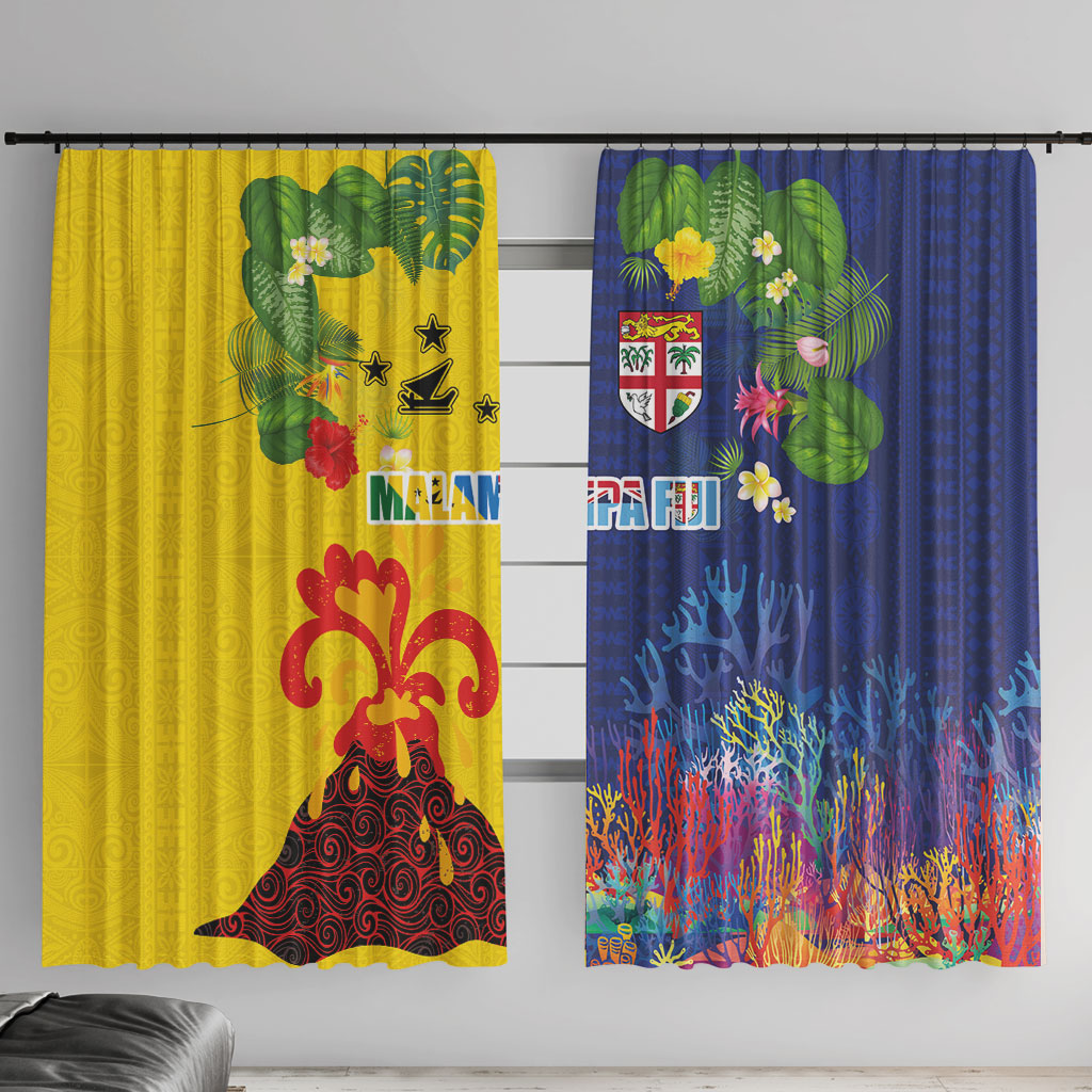 Malampa Fiji Day Window Curtain Volcano and Coral Reef with Culture Patterns Split Style LT03 With Hooks Multicolor - Polynesian Pride