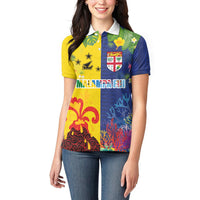 Malampa Fiji Day Women Polo Shirt Volcano and Coral Reef with Culture Patterns Split Style LT03 - Polynesian Pride