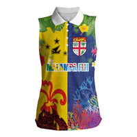 Malampa Fiji Day Women Sleeveless Polo Shirt Volcano and Coral Reef with Culture Patterns Split Style LT03 Female Multicolor - Polynesian Pride