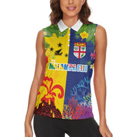 Malampa Fiji Day Women Sleeveless Polo Shirt Volcano and Coral Reef with Culture Patterns Split Style LT03 - Polynesian Pride