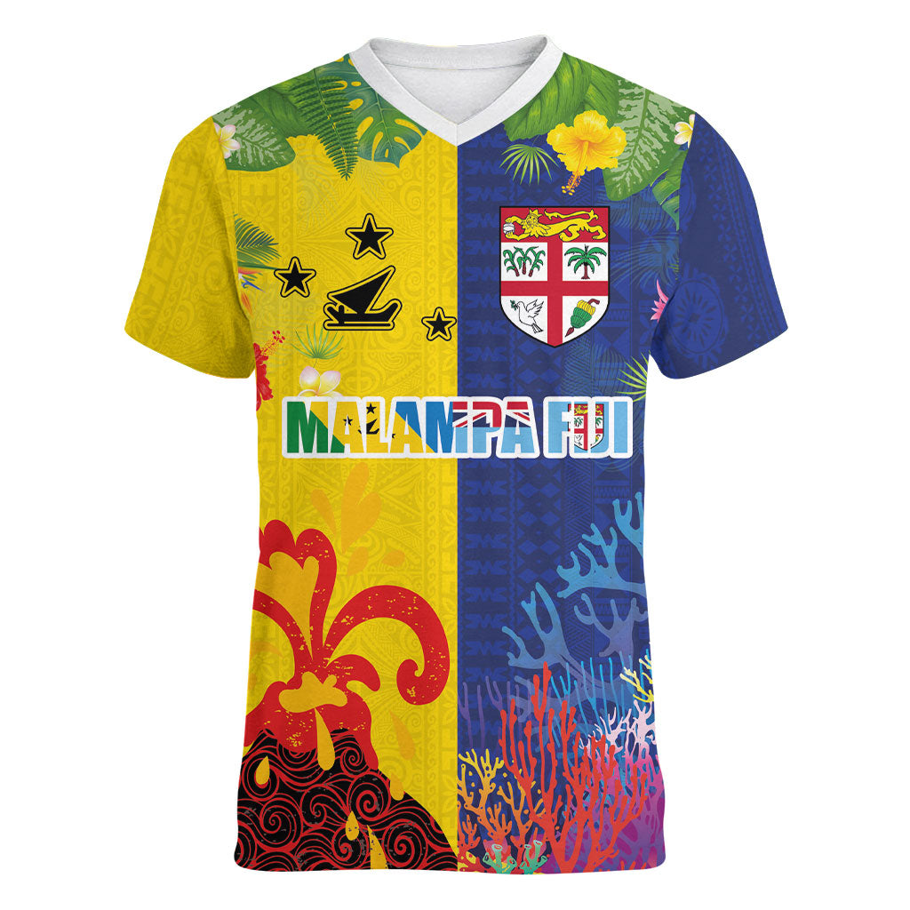 Malampa Fiji Day Women V-Neck T-Shirt Volcano and Coral Reef with Culture Patterns Split Style LT03 Female Multicolor - Polynesian Pride