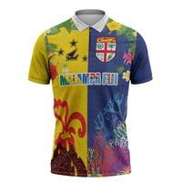 Malampa Fiji Day Zipper Polo Shirt Volcano and Coral Reef with Culture Patterns Split Style LT03 Multicolor - Polynesian Pride