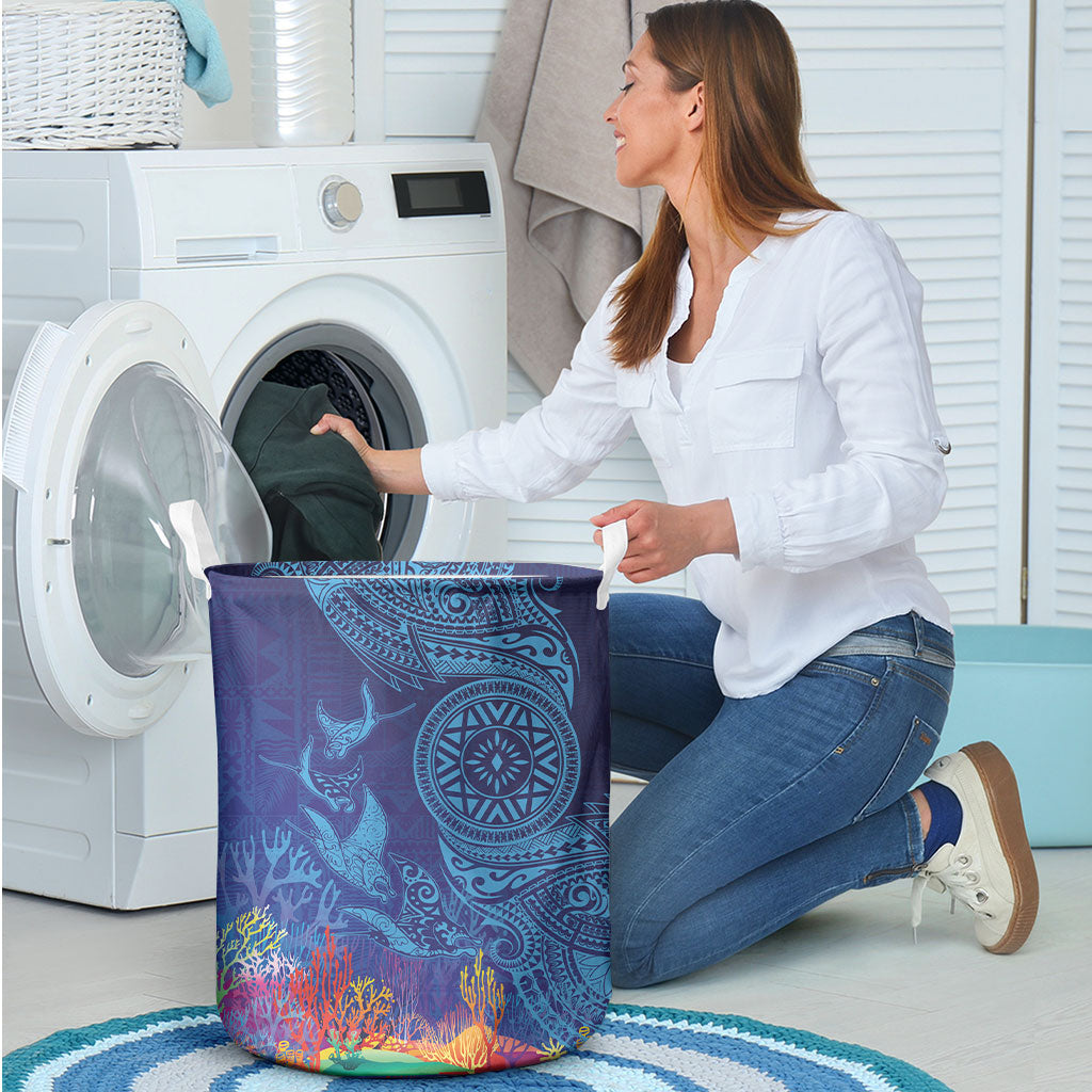 Fijian Tribal Manta Ray Laundry Basket Masi Motif with Coral Reef Ocean Vibe LT03 - Polynesian Pride