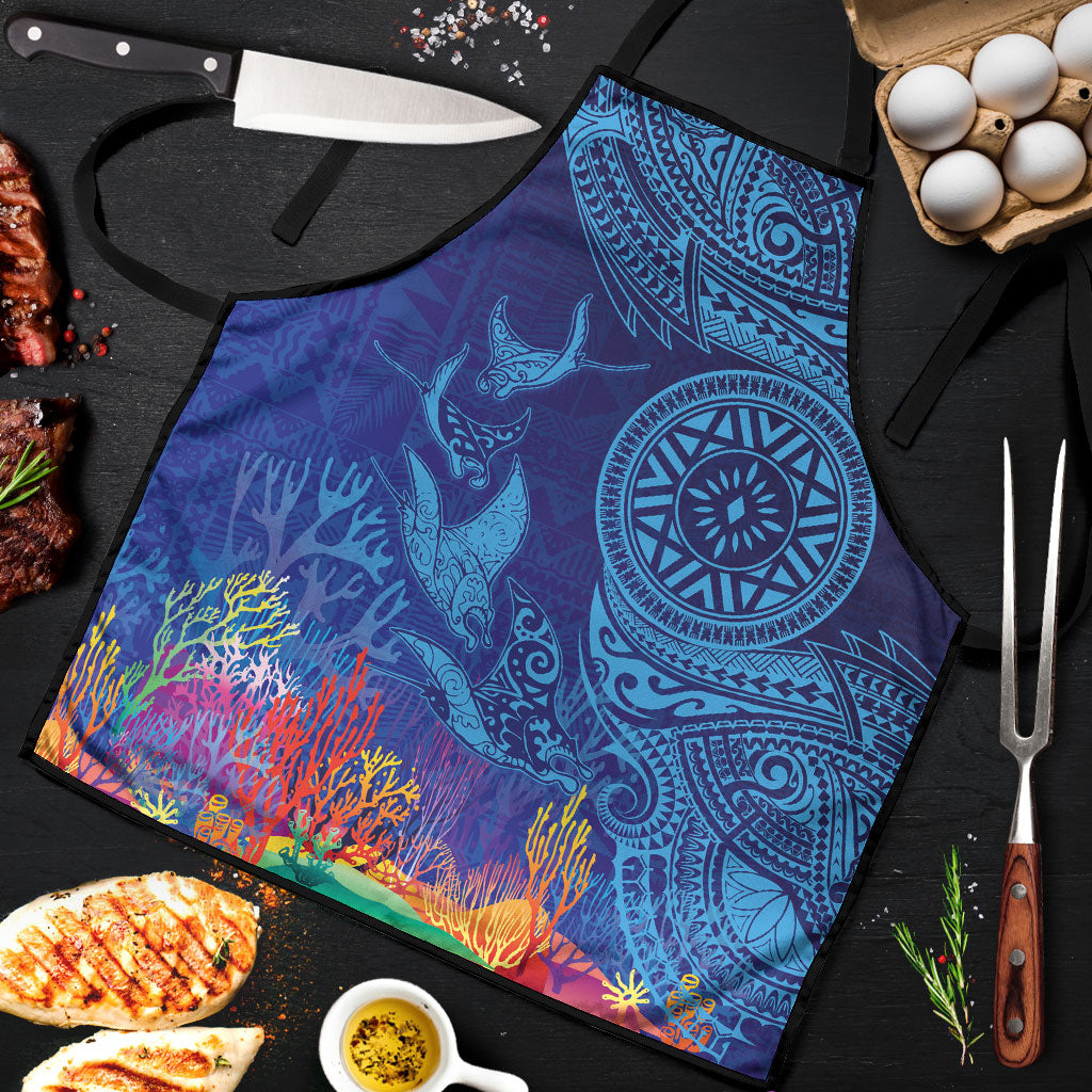 Fijian Tribal Manta Ray Apron Masi Motif with Coral Reef Ocean Vibe LT03 Blue - Polynesian Pride